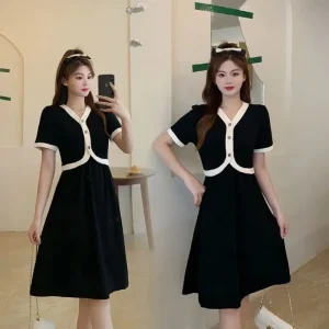 Abito longuette in puro colore stile cinese taglie forti Manica corta che copre la pancia Abito nero dimagrante per donna Scollo a V al ginocchio 1