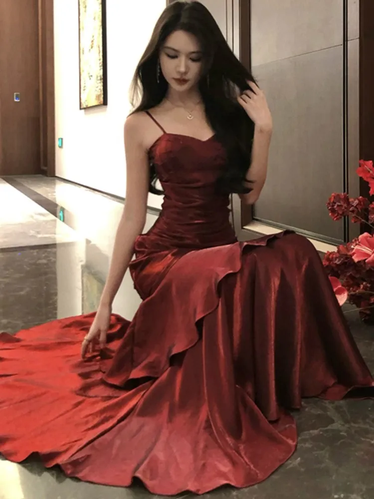 Abito da festa di compleanno con volant estivo da donna Abiti da sera senza maniche con cinturino per spaghetti sexy Abiti da ballo sottili femminili Abito lungo 6