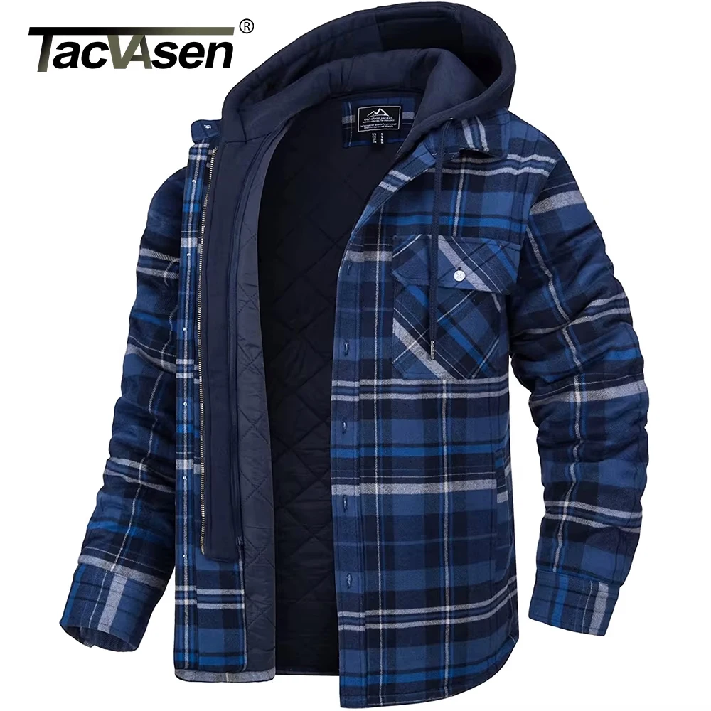 TACVASEN camicia di flanella da uomo giacca con cappuccio rimovibile Plaid trapuntato foderato cappotti invernali felpa con cappuccio spessa Outwear uomo camicie in pile 2