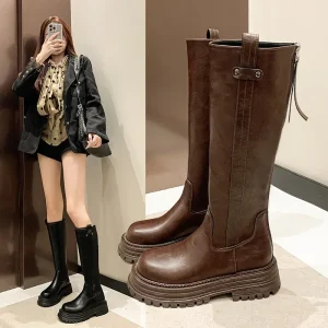 Stivali lunghi con tacco spesso elastico alla moda Autunno Inverno da donna Taglie forti Stivali da cavaliere con bocca a V alta al ginocchio Punta tonda Suola in gomma 1