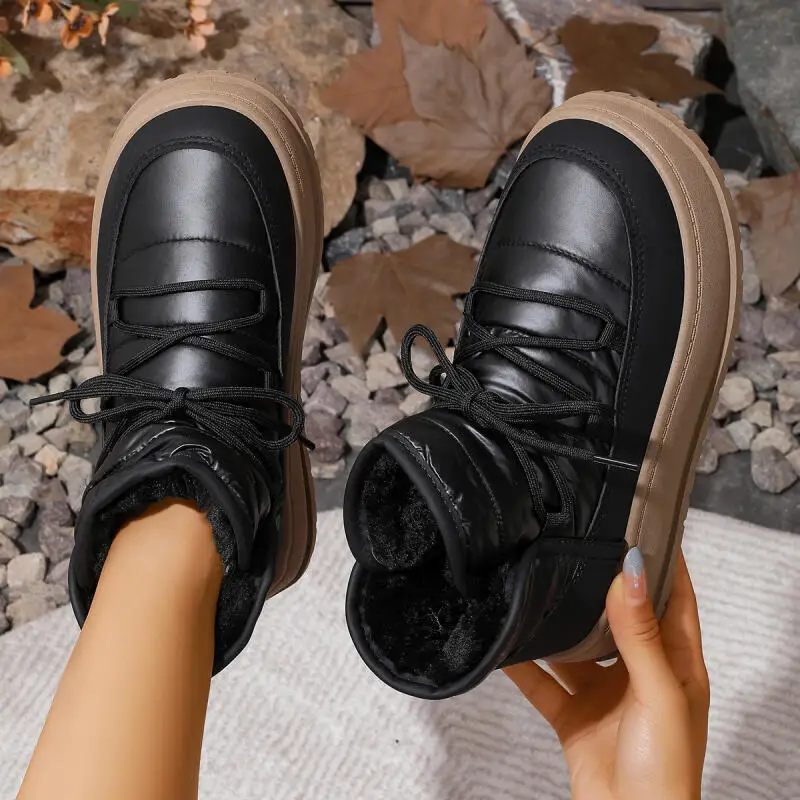 Stivali da neve impermeabili con piattaforma comfort Donna 2025 Stivaletti invernali caldi in pelliccia sintetica con lacci Stivaletti corti da donna con luna 5