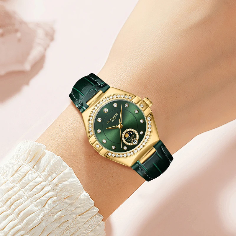 ROLENDO Orologio da donna automatico stile costellazione Cinturino segreto smeraldo Quadrante verde Giorno-Data Cristallo di zaffiro Impermeabile Elegante 3