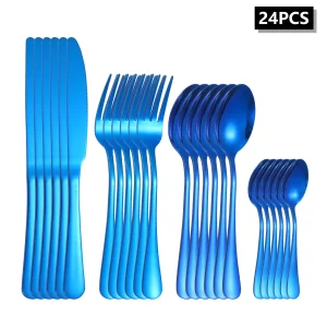 4/6/16/24 pezzi set di posate in acciaio inossidabile coltello da bistecca forchetta cucchiaio posate blu manico rotondo adatto per hotel ristorante di famiglia 1