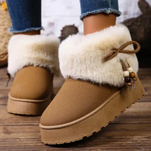 Stivali da neve in pelliccia sintetica con plateau spesso Stivaletti invernali in peluche addensato con fiocco da donna Taglie forti 43 Scarpe in cotone caldo antiscivolo 1