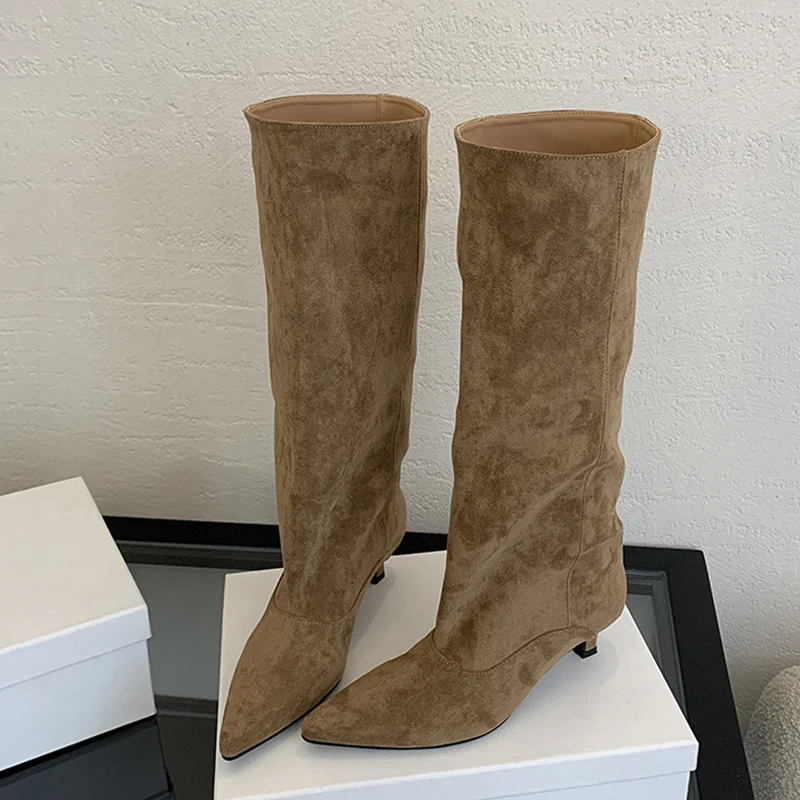 Liyke Autunno Inverno Donne Sexy Stivali Al Ginocchio Street Style Punta a punta Sottili Tacchi Bassi Cowboy Scarpe da Donna Lunghe Botas De Mujer 5
