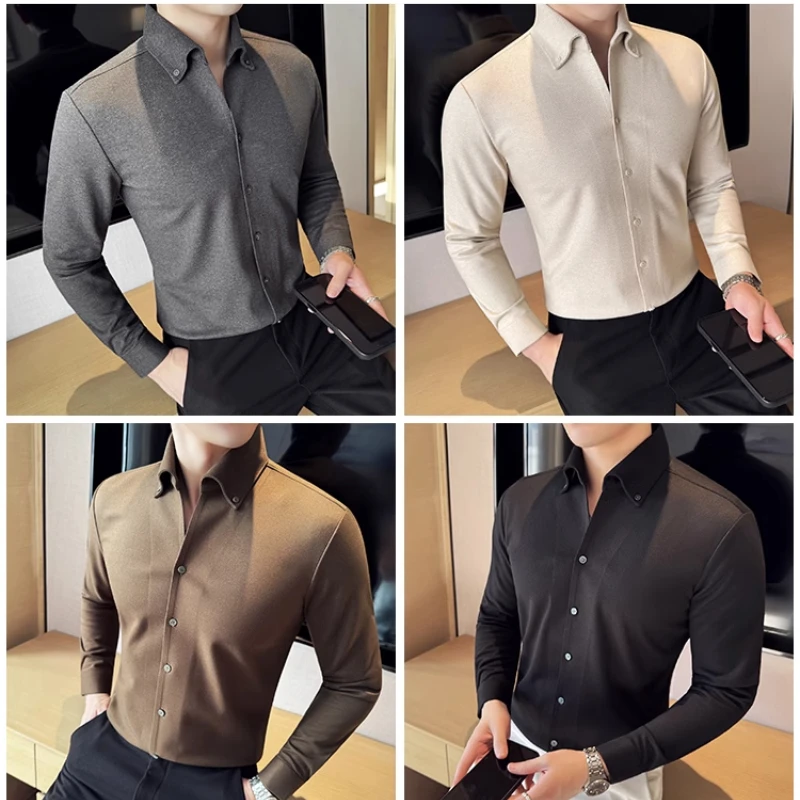 Camicia invernale in lana spessa, camicia casual di alta qualità con scollo a V da uomo senza cuciture, top da lavoro marrone 4