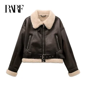 RARF 2024 nuova moda donna spessa calda giacca in Shearling finto cappotto Vintage manica lunga cintura orlo capispalla femminile 1