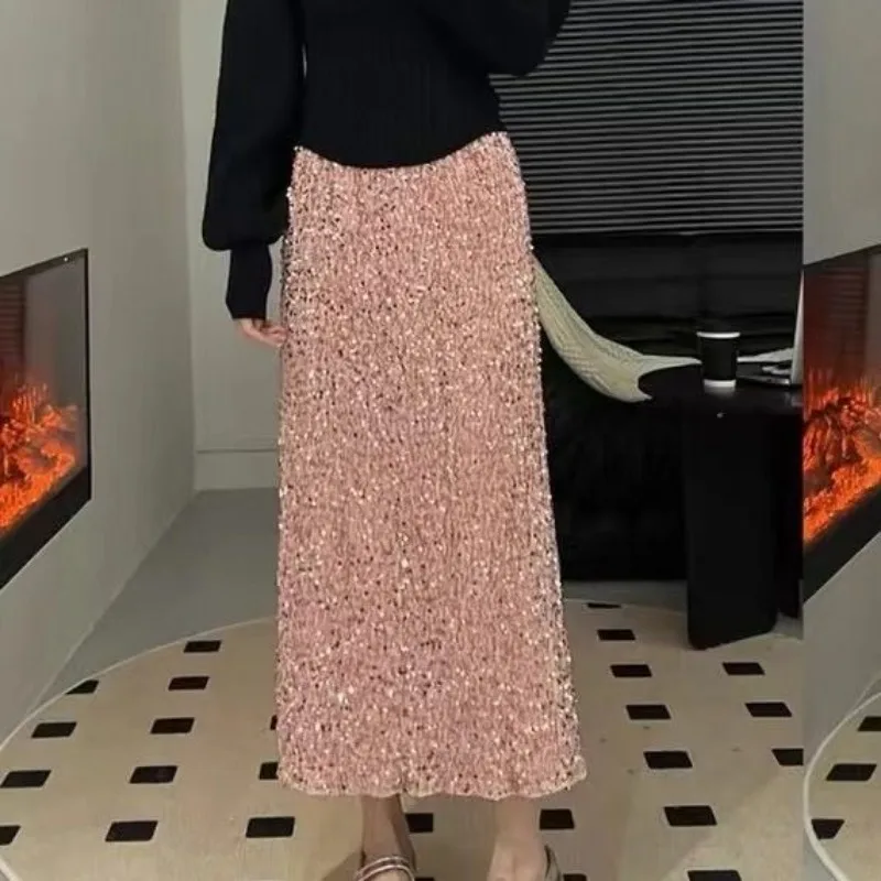 Moda casual elastico in vita con paillettes abbigliamento donna tinta unita nuovo stile gonna a trapezio semplicità stile giovane abbinato con comfort 2