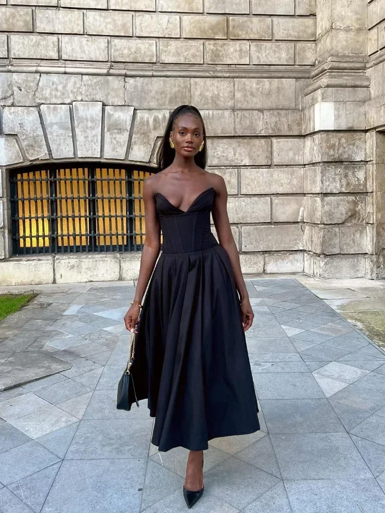 Suninheart Nero Elegante Eventi di Nozze Abito Sexy Corsetto Senza Spalline Abito Midi Abiti da Festa di Natale per Abbigliamento Donna 2023 2