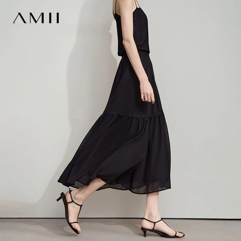Amii Minimalista Allentato Sottile Gonna di Chiffon 2025 Estate Nuovo Ufficio Eleganza Pizzo A-Line Gonna Midi Gonna Nera Femminile 12542287 2
