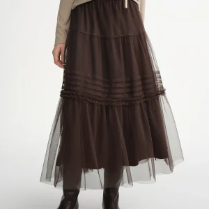 DUSHU Gonna a rete con volant a tre colori Gonna dritta a rete a pieghe da donna Fata Retro Gotica Cool Girls Vita elastica Vestibilità ampia 1