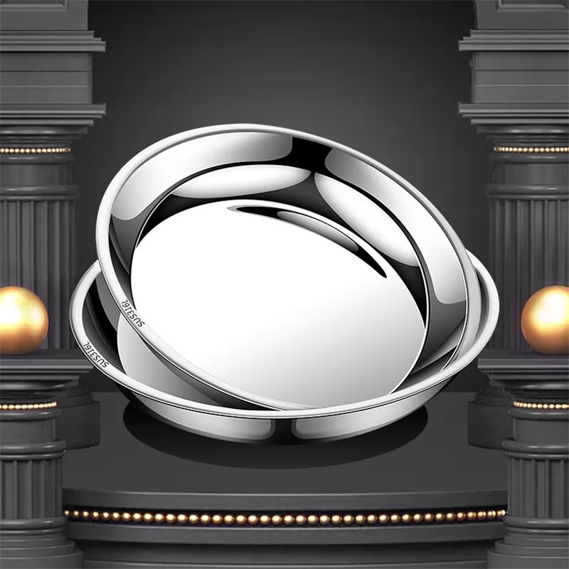 Piatto piano rotondo spesso in acciaio inossidabile 316 Vassoi per uso alimentare Insalata Frutto Padella da cucina Bistecca Frutti di mare Ciotole piatte da cucina 5