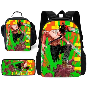 Zaino da uomo con motoseghe anime stimolanti per la scuola dei bambini con borse per il pranzo, borse per matite, borse per la scuola per ragazzi e ragazze, miglior regalo 1