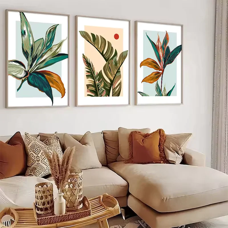 Set di 3 poster colorati su tela botanica tropicale stampa foglie floreali pittura murale immagine per camera da letto arredamento moderno per la casa 2