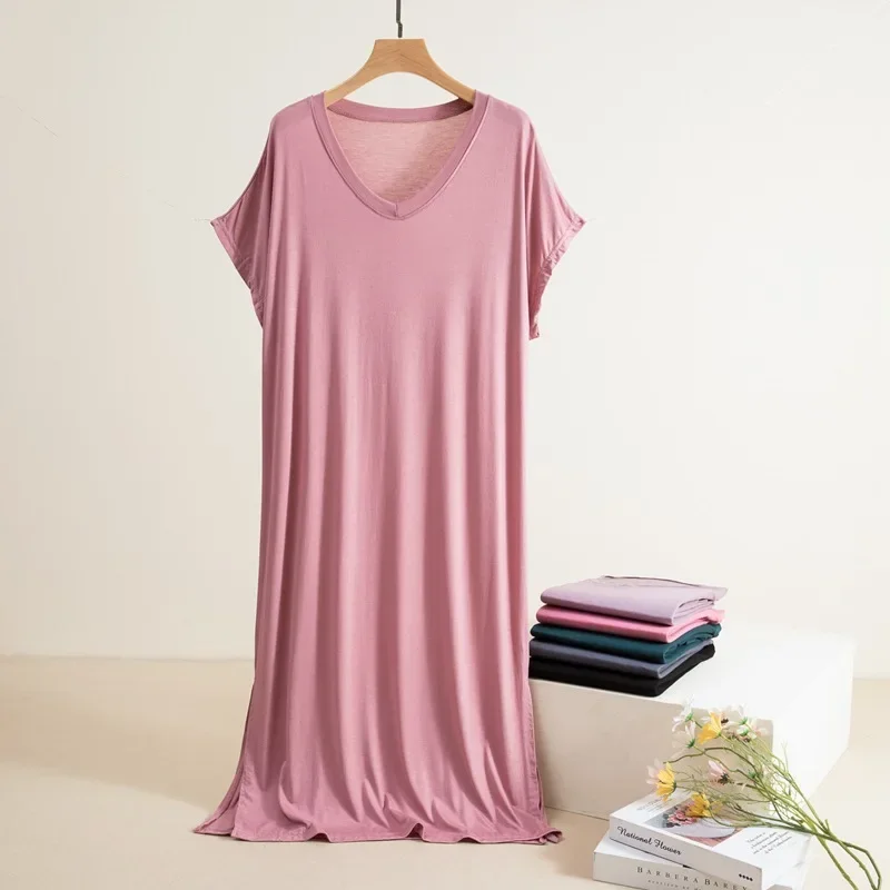 Abito modale con scollo a V Abito estivo da donna a maniche corte lungo allentato dimagrante Strato base Abito casual a trapezio in puro colore al ginocchio 2