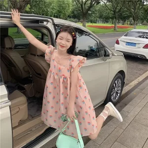 Abito estivo stampato ampio Minigonna alla moda da donna Colletto quadrato Manica a mosca Abito casual versione coreana stile fresco 1