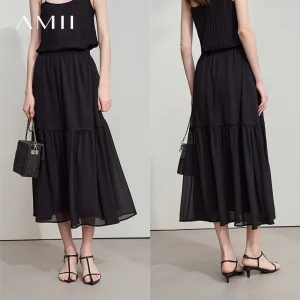 Amii Minimalista Allentato Sottile Gonna di Chiffon 2025 Estate Nuovo Ufficio Eleganza Pizzo A-Line Gonna Midi Gonna Nera Femminile 12542287 1