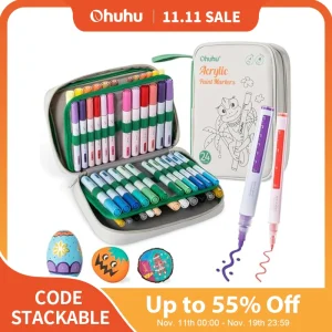 Ohuhu Pennarelli per vernice acrilica 48 Penne per vernice Punta reversibile Pennarelli acrilici impermeabili per pittura su roccia Uovo di Pasqua Legno Plastica 1