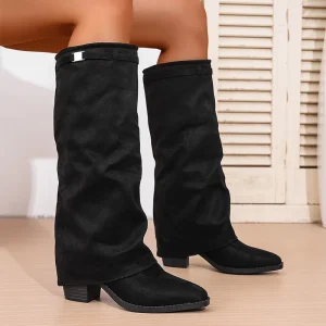 Moda Slip On Stivali alti al ginocchio con tacco alto Donna Autunno Inverno Stivali da pilota a tubo alto Donna Punta a punta Tacco spesso Botas lunghi 1