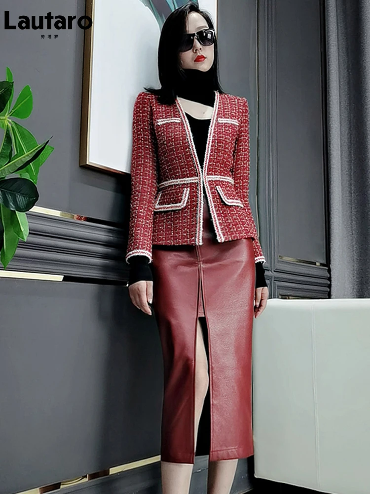 Lautaro Gonna lunga a tubino in morbida ecopelle da donna con tasche con spacco sul davanti Gonne midi a vita alta per donna gonna rosso vino 2