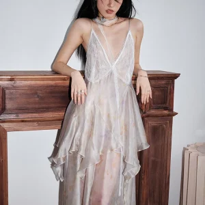 [EAM] donne pizzo prospettiva irregolare elegante lungo vestito da partito nuovo scollo a v senza maniche moda marea primavera estate 2024 1 dh7527 1