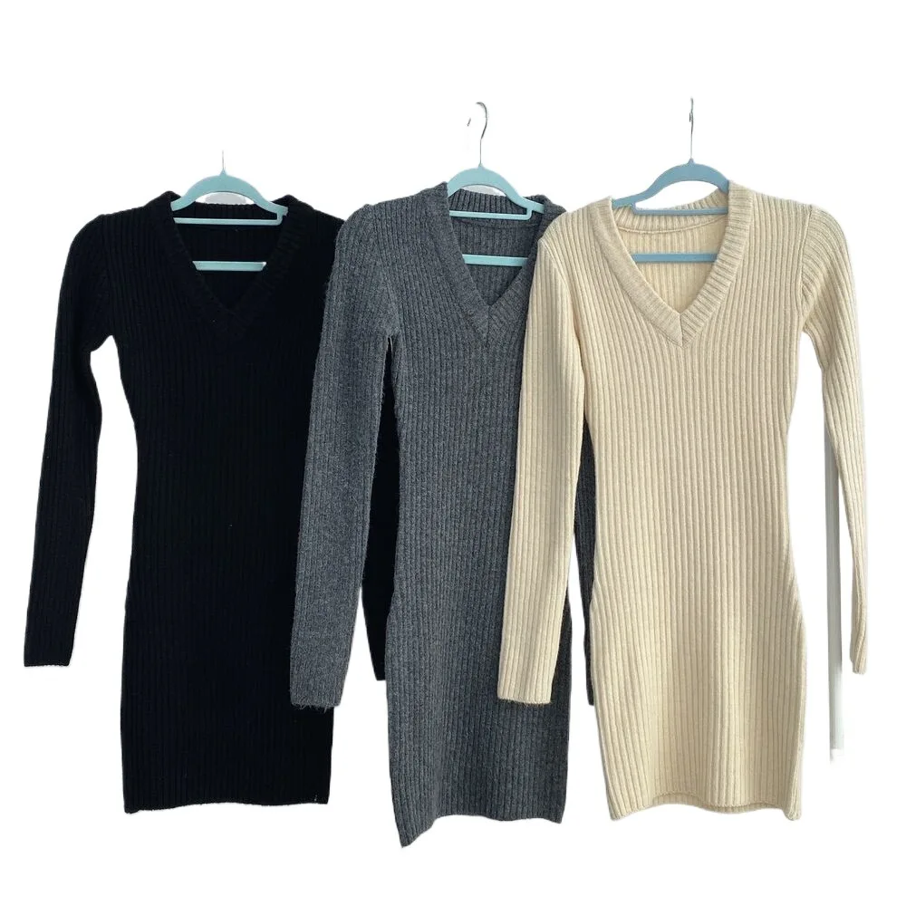 Retro coreano chic scollo a V lavorato a maglia slim fit mini abito da donna strato base maglione gonna avvolgente tessuto misto poliestere ammoniaca 5