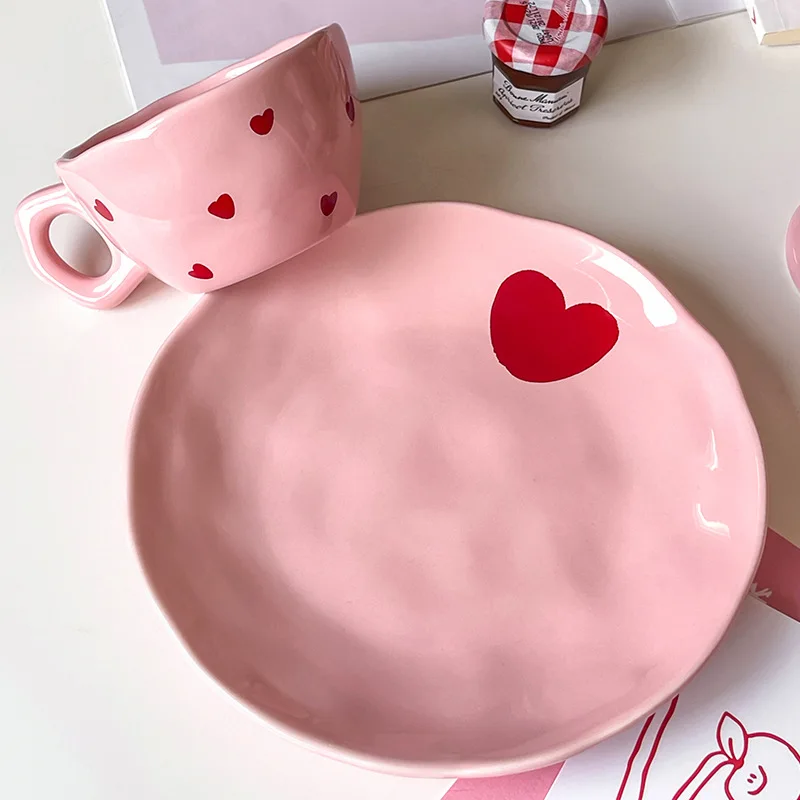Insalatiera Piatto in ceramica con motivo a cuore rosa Tazza da caffè Ciotola da dessert per bambini Piatti da pranzo carini per la casa Stoviglie da ristorante 3