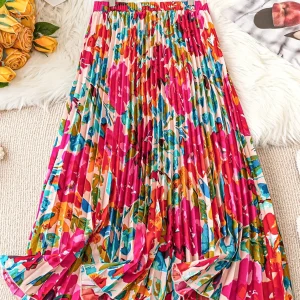 Gonne lunghe eleganti con stampa floreale da donna primavera estate gonna a pieghe Slim a-line Casual a vita alta 1