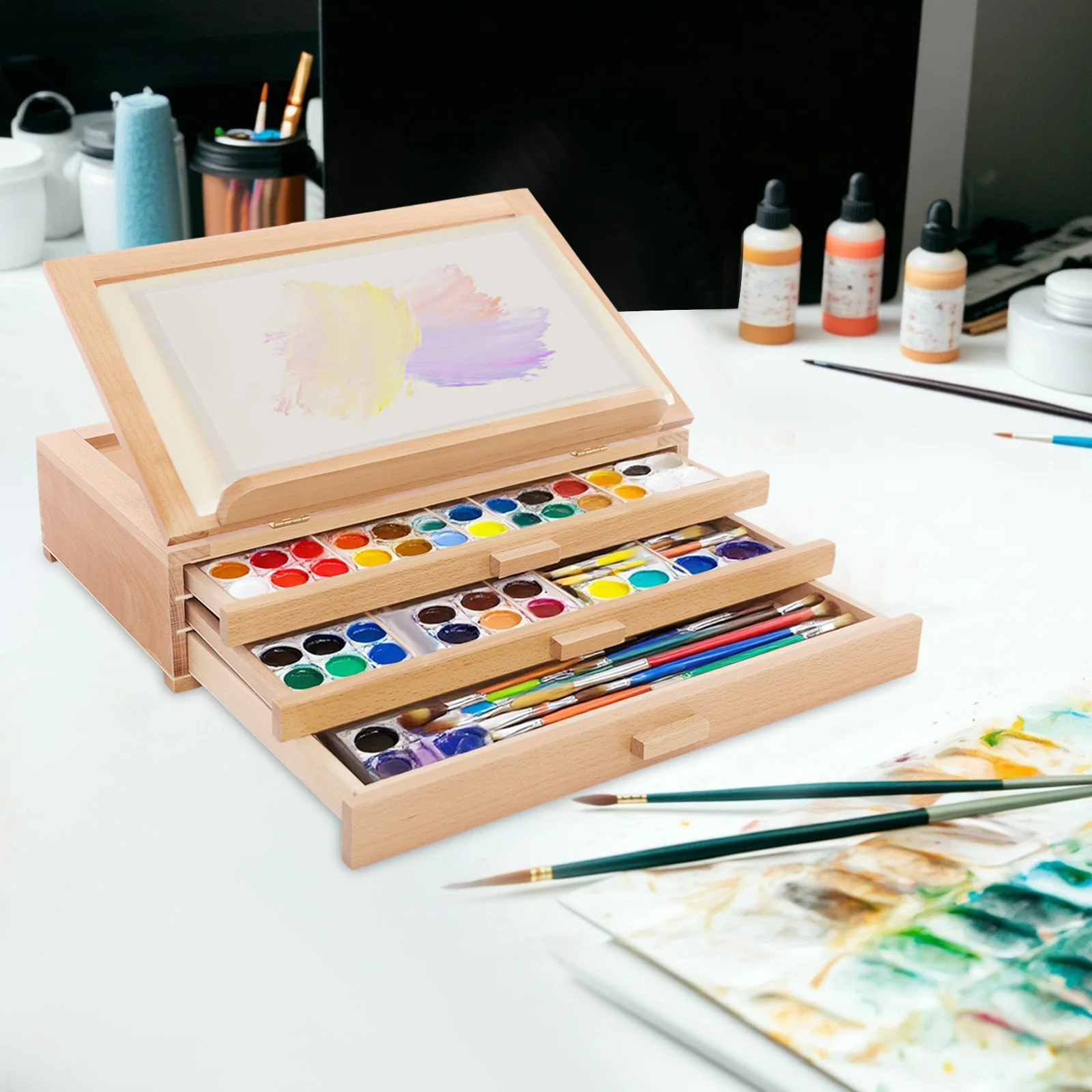 Supporto per pittura 40 * 27 * 11 cm con cassetti, supporto per pittura in legno, supporto per pittura a 3 cassetti 3