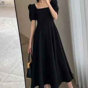 2023 nuovo vestito estivo da donna Vintage collo quadrato gonna da tè Plus Size sopra il ginocchio stile lungo Hepburn vestito nero alla moda 1