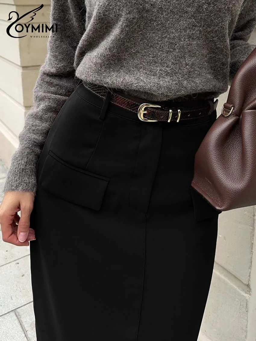 Oymimi Moda Tasche nere Gonna da donna Elegante Gonne dritte a vita alta Casual Solid Gonne alla caviglia Abbigliamento femminile 3