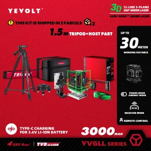 YEVOLT YVGLL4XS12T Serie Livello laser verde 3 assi 12 linee Autolivellante 360 3D Strumenti di misurazione della potenza orizzontale e verticale 1