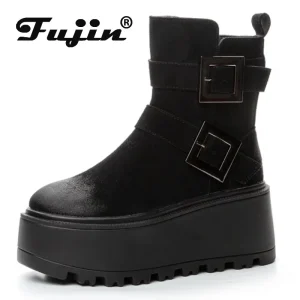 Fujin Stivaletti alla caviglia in vera pelle scamosciata da 8 cm Stivaletti autunnali da donna Appartamenti invernali in peluche con suola spessa Scarpe con zeppa con plateau da moto 1