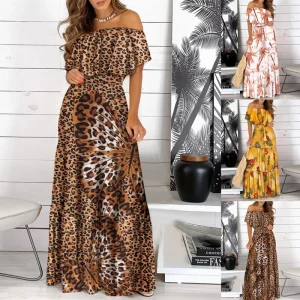 2022 New Fashion Leopard Robe Stampa Abito lungo Ruffle Maxi vestito estivo Bohemian Women Summer Sexy Casual Elegante senza spalline Abiti 1