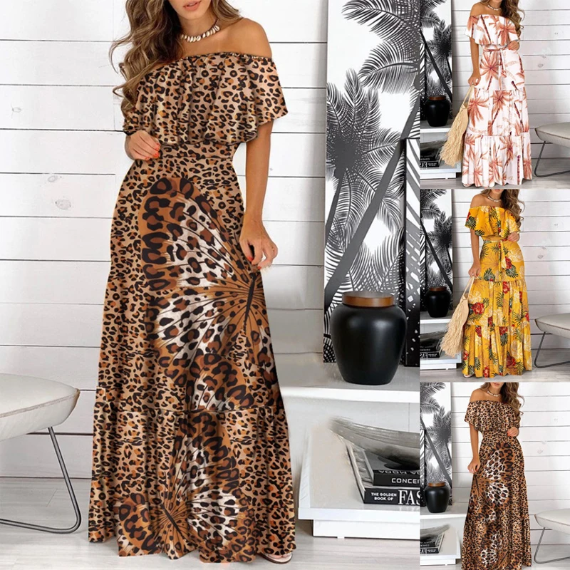 2022 New Fashion Leopard Robe Stampa Abito lungo Ruffle Maxi vestito estivo Bohemian Women Summer Sexy Casual Elegante senza spalline Abiti 1