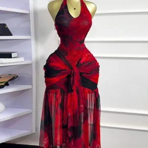 CM.YAYA Donne Halter Neck Backless Increspato Impilato Senza Maniche Maglia Lungo Maxi Vestito 2025 Compleanno Anche Abiti Da Festa Sexy Abiti 1