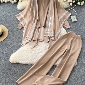 SINGREINY Maglia invernale Tre pezzi Abiti Dolcevita Pullover + Stampa Cardigan allentato di base + Pantaloni a gambe larghe Donna Set streetwear 1