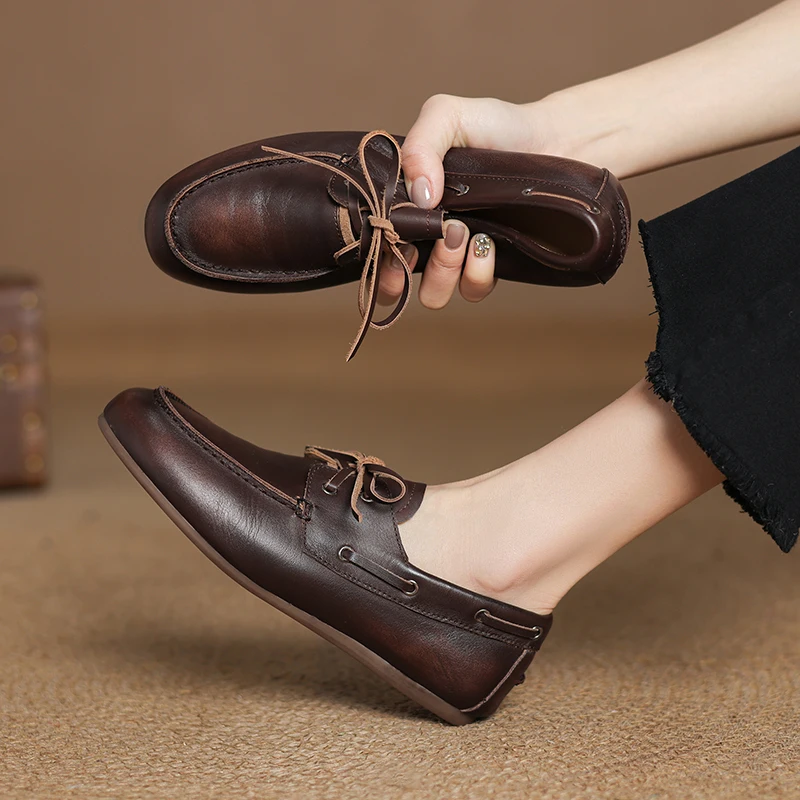 2025 nuova primavera scarpe da donna in vera pelle punta rotonda scarpe basse da donna per donna mocassini stringati retrò scarpe da donna di moda 1