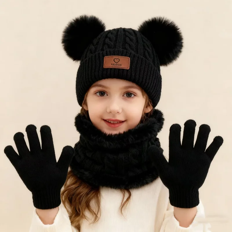 3 pz/set Colore Solido Cappello Del Bambino Sciarpa Guanti Set Carino Pompon Più Caldo Cappelli Lavorati A Maglia Comodo Cappello Per Bambini Set Autunno Inverno 3