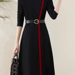 Abito patchwork a maniche lunghe Autunno Nuovo articolo Stile francese di fascia alta Vita che abbraccia la gonna a trapezio versatile stile dea dimagrante 1