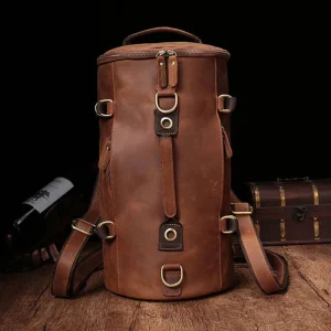 Luufan Zaino in pelle dal design unico per uomo Zaino a secchiello in pelle Crazy Horse vintage Borsa da viaggio maschile grande Zaini maschili 1