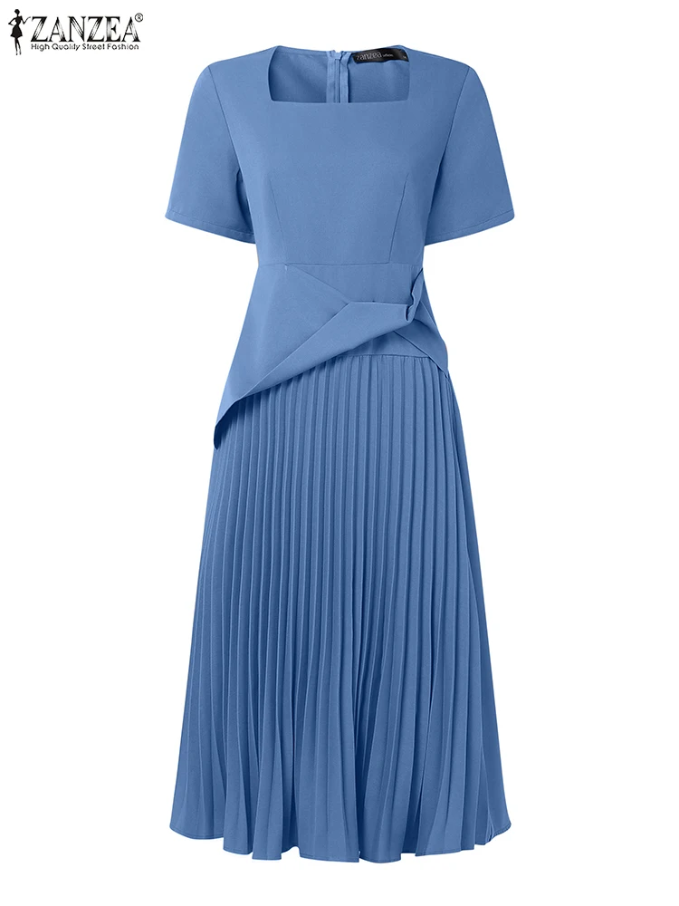ZANZEA Abiti eleganti da lavoro per ufficio 2025 Abito estivo da donna Collo quadrato Vestito estivo da festa Moda Manica corta Abiti a pieghe Robe 5