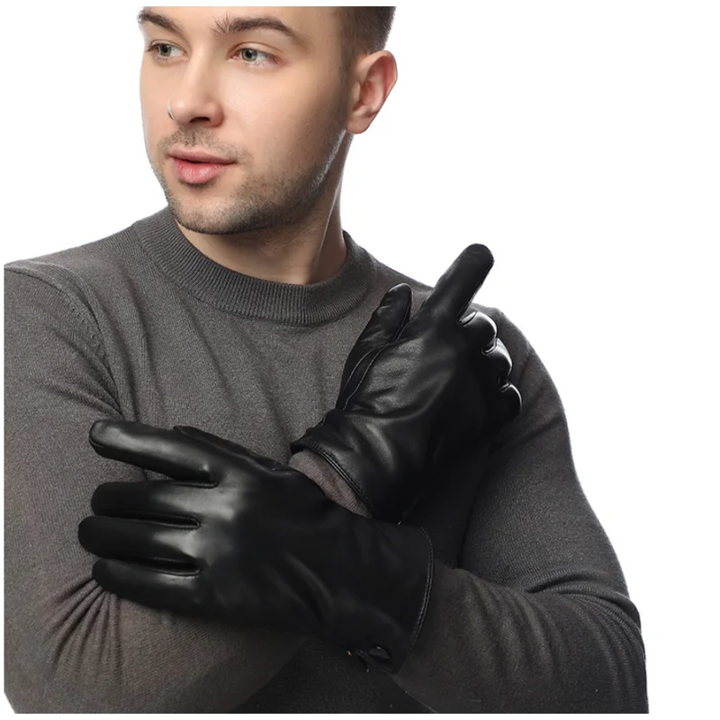Guanti in pelle da uomo invernali in vera pelle di pecora foderati in velluto con dita intere touchscreen guanti da moto da guida per ciclismo all'aperto 2