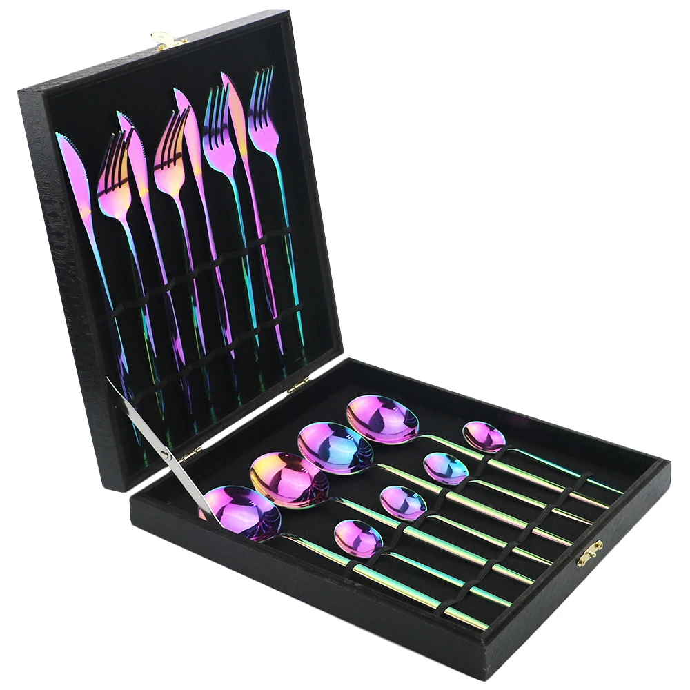 16pcHigh Qualità di Lusso Arcobaleno Piatti e Posateria Set Forchetta Coltello Cucchiaio di Nero Set di Posate Posate In Acciaio Inox Set Con Il Contenitore di Regalo hotel 2