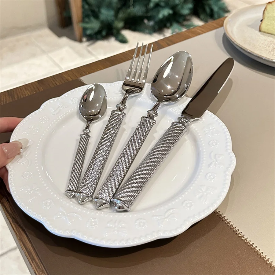 Silver Luxury Fashion Cutlery Set 18/10 Stainless Steel Creativity Gift Roman Column Flatware 304 Drop Shipping 5