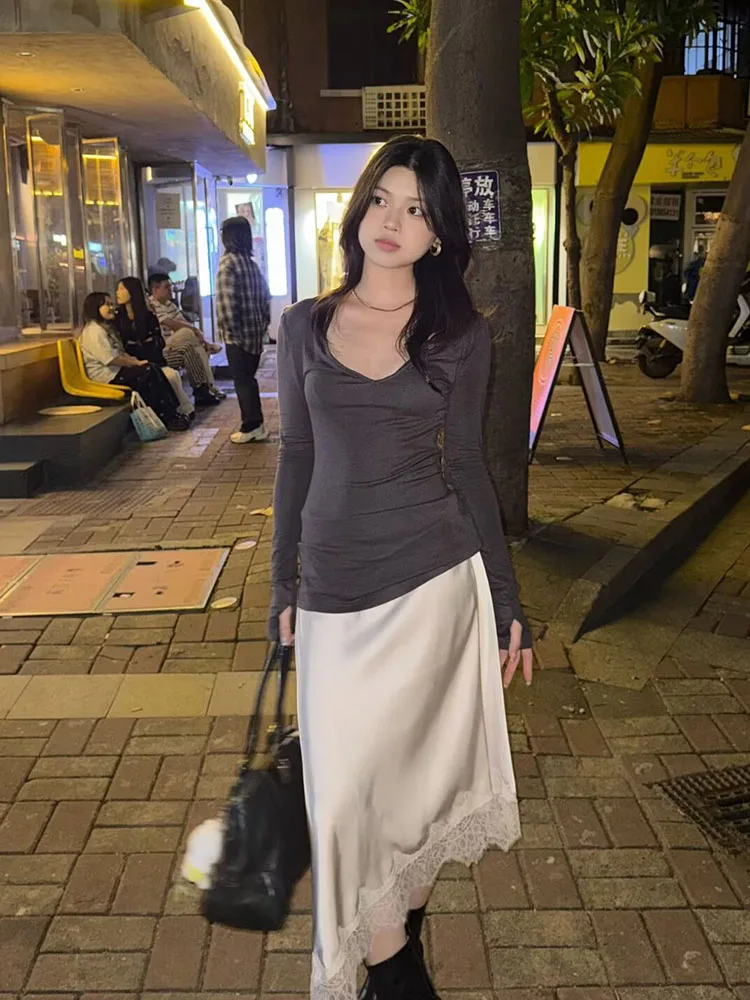 HH Donna Primavera Moda Pendolarismo Raso di seta Orlo asimmetrico Decorazione in pizzo Gonna femminile Casual Street Style Gonna di media lunghezza 6