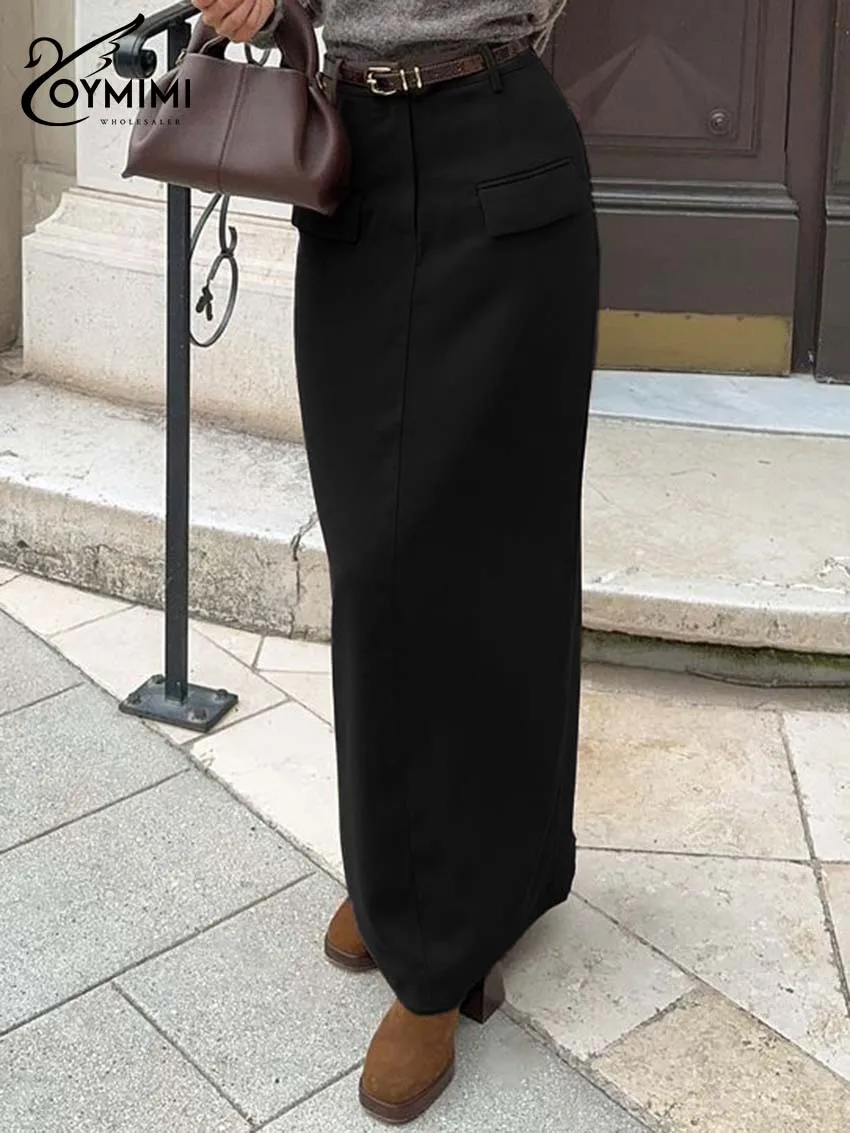 Oymimi Moda Tasche nere Gonna da donna Elegante Gonne dritte a vita alta Casual Solid Gonne alla caviglia Abbigliamento femminile 1
