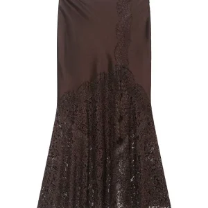 HH Gonna da donna in raso di seta con spacco in pizzo con orlo solido versatile moda retrò femminile elegante banchetto gonna lunga alla caviglia con cerniera sottile 1