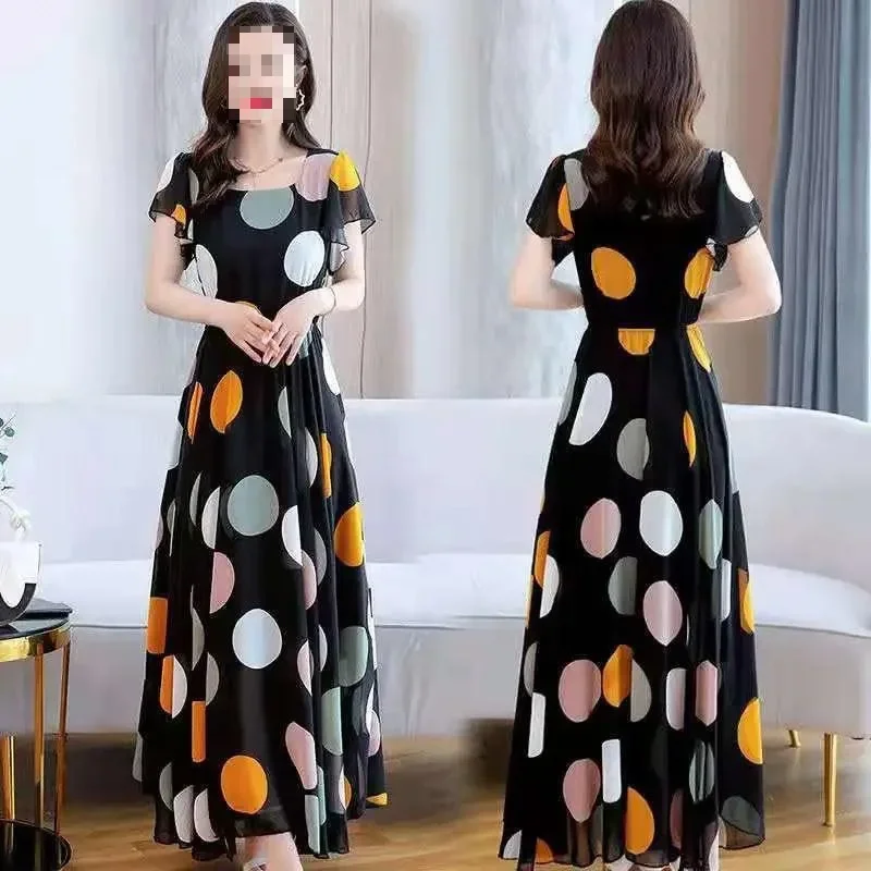 Vendita calda della stagione Nuovo abito lungo con gonna da spiaggia a pois vintage ingombrante in vita lunga Abito lungo con orlo fluente Abito laterale oceano da donna 2