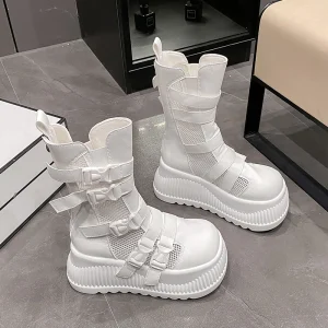 Sandali da donna estivi retrò centinaia maglia cava traspirante testa di panino suola spessa abbigliamento casual stivali alti freddi Zapatos De Mujer 1